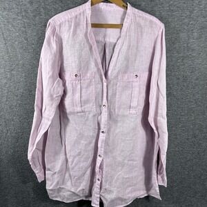 J. Jill Love Linen Pink Size Medium Roll Tab Sleeve Gold Buttons Beach Resort